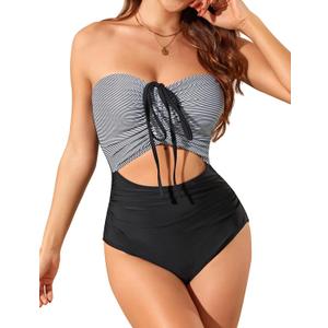 Smismivo Strapless Tummy Control Swimsuit for Women Bandeau or Halter Cutout One Piece Bathing Suits Color Block Sexy 2025 (M)