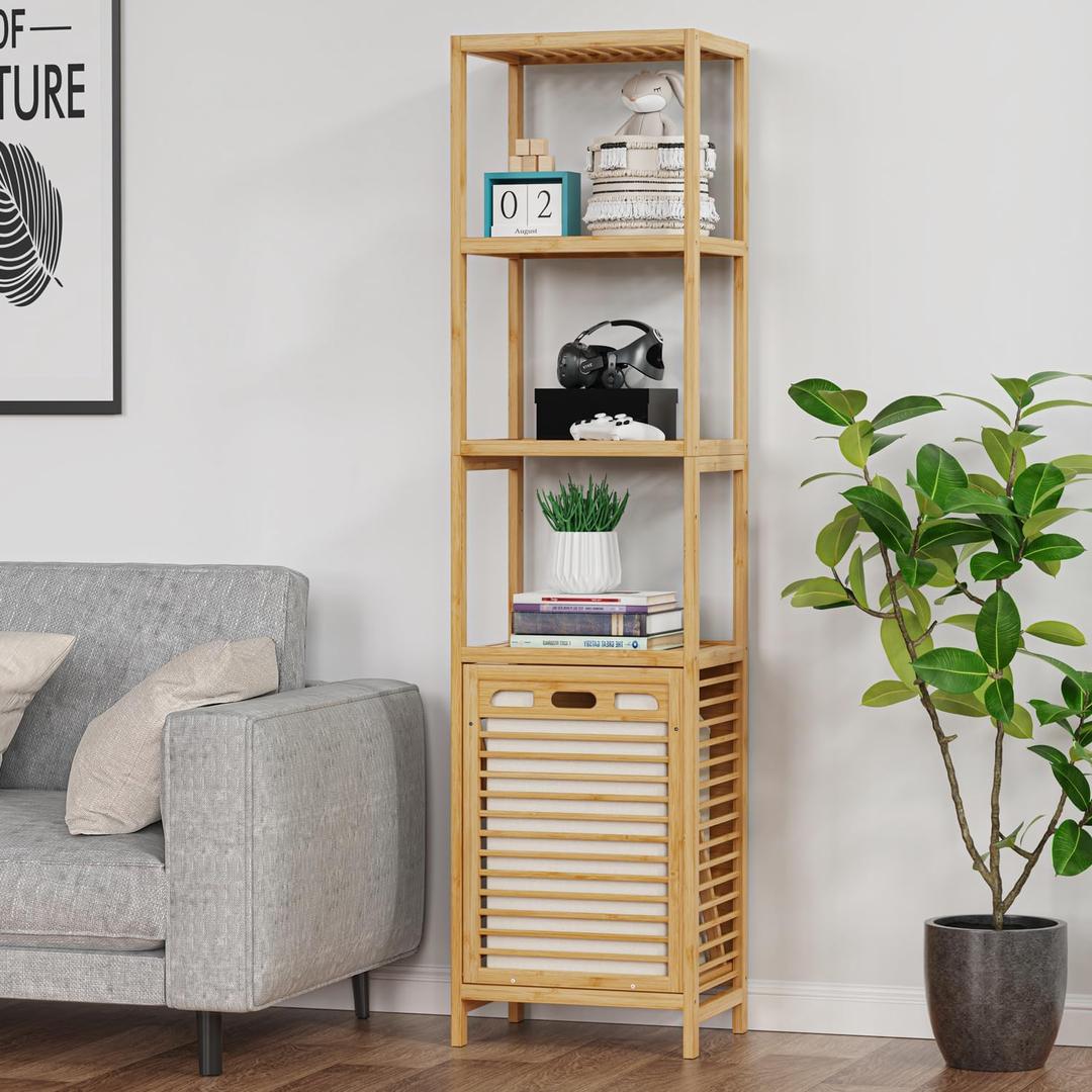 Bamboo Tilt Out Laundry Hamper, 4-Tier Tilt Out Hamper for Laundry with Shelf & Removable Clothes Basket - Can Convert to 2-Tier Pull-Out Laundry Hamper & 2 Tier Freestanding Shelf, Beige (1 x 50 L with 4 shelves)