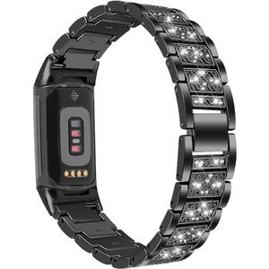 Bling Bands Compatible with Fitbit Charge 6/Charge 5, Shinny Metal Bracelet Straps Luxurious Rhinestone Replacement Wristband for Women (Black)