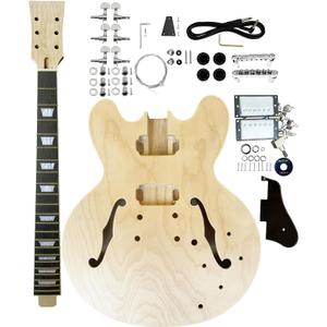 Electric Guitar Kits 3-ply Wood Maple Cap Hollow Guitar Body Blank,Maple Neck & Rosewood Fretboard Unfinished With Electric Hardwares All Parts Included