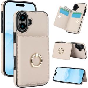 TIANLI Case for iPhone 16 Wallet Case with Card Holder, 360 Rotation Ring Kickstand RFID Blocking PU Leather Double Magnetic Clasp Shockproof Cover for Women and Man (White)