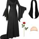 Adult Black Gothic Dress for Halloween Costume Women Cute Soft Goth Dress with Wig Flower Accessories (Black, L)