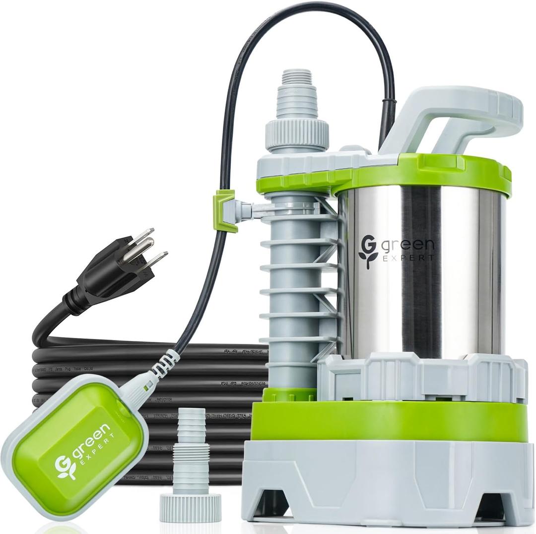 Green Expert Submersible Sump Pump, 1.5HP 5500GPH Effluent/Sewage Pump for Dirty Water, Auto/Manual Tethered Float, Adjustable Intake Base, 25ft Cord, Solids up to 0.8in, Basement Pit Drainage
