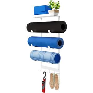 LSK Yoga Mat Holder Wall Mount, White Yoga Mats Storage Rack, Home Gym Storage with Metal Floating Shelf for Storing Fitness, Yoga Mat Rack with 5 Hooks for Hanging Foam Rollers and Resistance Bands