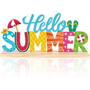 COCHIE Metal Hello Summer Sign, Summer Decorations for Home, Office, Shelf, Mantel, Indoor, Beach Slippers Tabletop Centerpiece Decoration, Watermelon Red Decor (Beach)