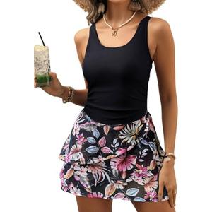 VIMPUNEC Women One Piece Swim Dress Swimsuit Tummy Control Modest Swim Skirt Bathing Suit Size S