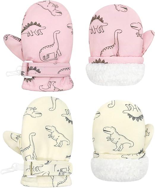 Toddler Mittens Waterproof Toddler Gloves Kids Snow Gloves Baby Winter Mittens Warm Fleece (Dinosaur Pink & Dinosaur White, S, 6-24months)