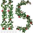 Luinabio 9 Pcs Holly Garland with Berries Set Includes 5.7 ft Christmas Red Berry Garland Decoration with Hooks Green Leaves Winter Outdoor Vines for Stairs Mantel Table Fireplace Home Decor