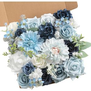 Serra Flora Artificial Flowers Combo Box Set for DIY Wedding Bouquets Centerpieces Arrangements Bridal Shower Party Home Decorations (Light Blue&navy Blue)