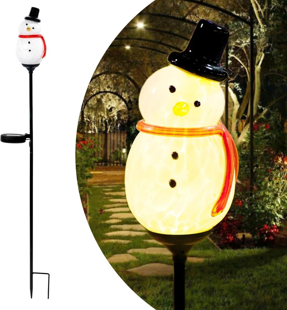 Solar Powered Garden Stake Lights Outdoor, Cute Animal Outdoor Figurine Lights Ornament Statue Decor for Pathway, Patio, Black Snowman.