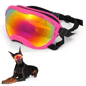 Flantor Dog Goggles for Large Dogs, UV Wind Dust Fog Protection, Soft Frame Adjustable Dog Sunglasses, Summer Driving & Winter Snow Eyewear, Pet Glasses with Elastic Strap (Pink with Colored Lens)