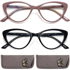 EYEURL Cat Eye Reading Glasses for Women - 2 Pack Blue Light Blocking Computer Readers 0.50 Spring Hinge Anti Glare/UV Ray Eyeglasses (Black+Brown)