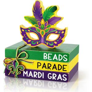 4 Pcs Mardi Gras Decorations for Home Masquerade Mask Wooden Table Centerpieces Mardi Gras Tabletop Blocks Sign Wood Books Stack Tiered Tray Decor Indoor Office Desk Shelf Rustic Mantel Carnival Party (Large, Purple)