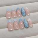 2 x Almond Press-On Nails - Medium French Tips Blue Glossy Full Cover for Women, 24 PCS (Blue 3D French)