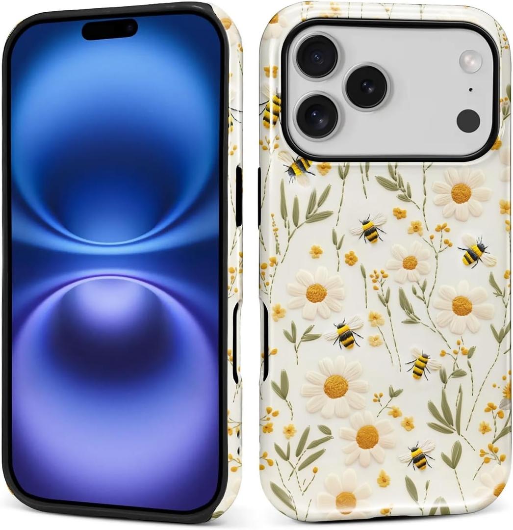 Case for iPhone 17 Pro Case,Bees Sunflowers Design Hybrid Dual Protection Silicone Hard PC Shockproof Full Body Cover Slim Anti Scratch Protective Case for Men Women