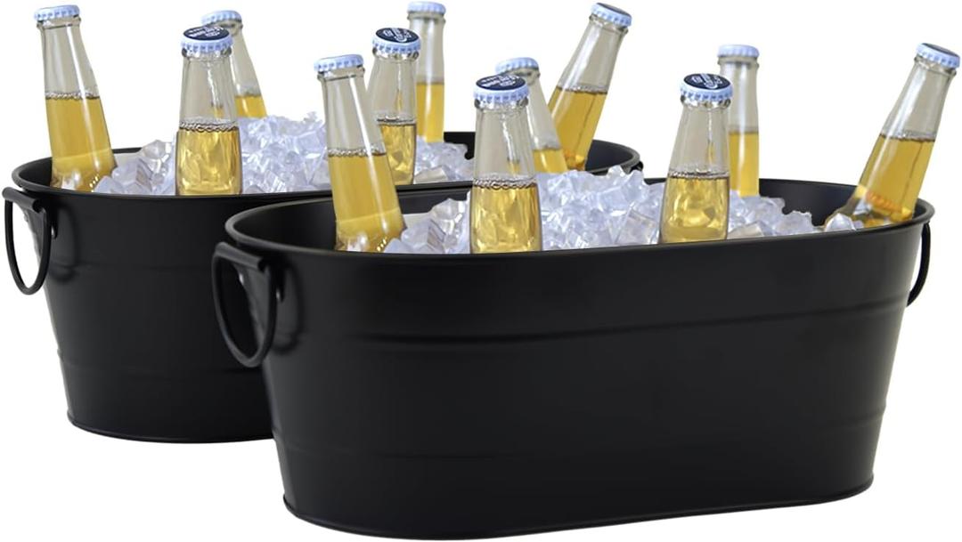 Ice Bucket Galvanized Tub, 2 Pcs 3 Gallon Oval Beverage Tub, Drink Cooler Ice Buckets for Parties, Metal Bucket with Handle for Beer Whiskey Wine and Cocktails (Black) (S: 15.86 x 9.2 x 6 inch)