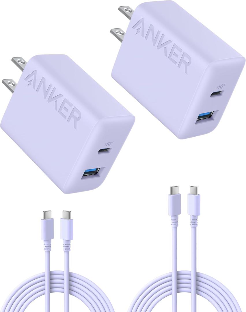 Anker iPhone 17/16 Charger, 2-Pack 20W Fast USB C Charger Block, for iPhone 17/16/16 Pro Max/15 Series/iPad Pro and More (Purple, 2 Pack & 2 Cable)