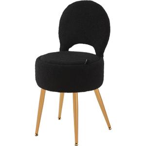 Small Vanity Stool Chair with Storage and Folding Back,4 Metal Legs with Anti-Slip Feet,Round Ottoman with Velvet Seat, Furry Padded Seat for Makeup, Bedroom (Black, Small)