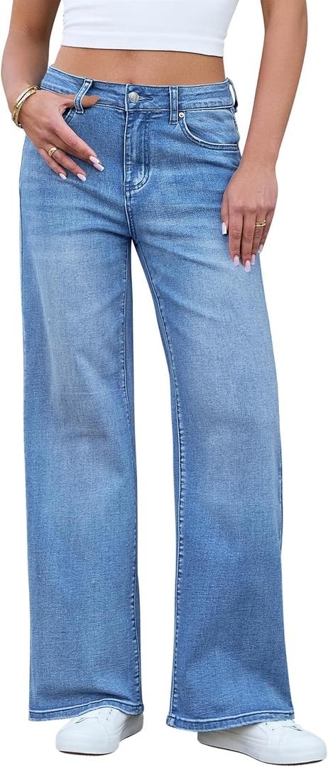 GRAPENT Wide Leg Jeans for Women Trendy High Waisted Stretchy Denim Pants 90s Baggy Jeans Trouser Jeans with Pockets (Blue, XXL)