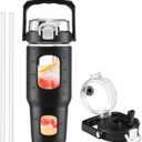 BLUEGO 32oz Glass Water Bottle with Handle and Straw|Leakproof Sports Glass Bottle with Time Marker and Silicone Sleeve|Glass Drinking Bottle for Travel, Gym, Workout, Black