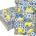 24 pcs Capri Lemon Print Party Favor Bags Kraft Paper Gift Bags, Blue Tiles Yellow Lemon Goodie Candy Bags Kraft Treat Paper Bags with Stickers for Spring Summer Birthday Wedding Party Supplies