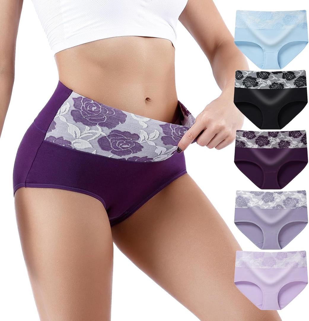 Honzadar Women's Cotton Underwear with Tummy Control & High Waist, 5-Pack Full Coverage Briefs (4X-Large Plus)