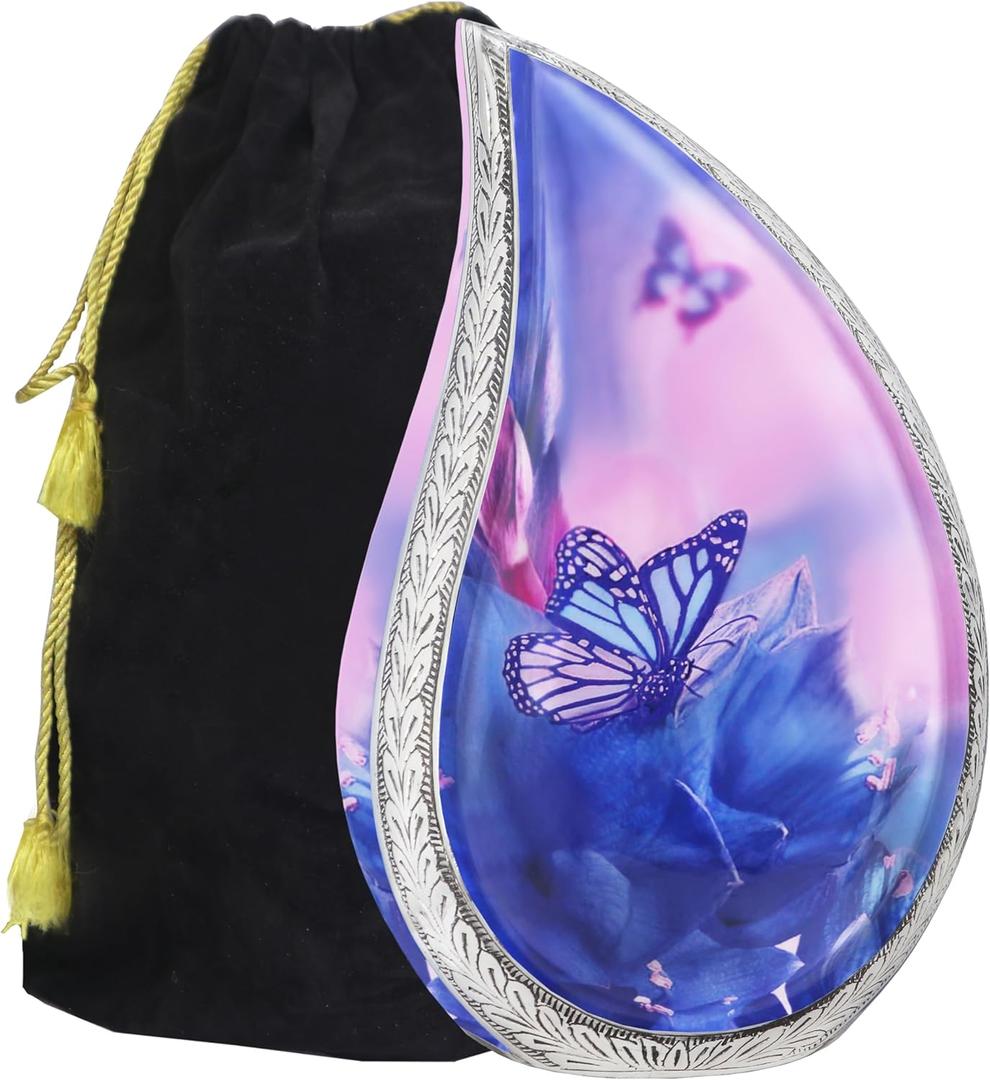 M MEILINXU Cremation Urns for Human Ashes Adult Female & Male, Funeral Urn for Ashes for Women & Man, Blue Butterflies Decorative Teardrop, Flowers and Butterfly Urn - Large Tear Drop