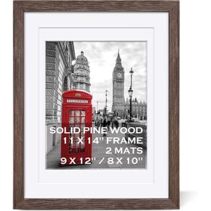 Rustic Solid Wood Distressed Brown Farmhouse Picture Frame - 11x14 with 2 Mats for Wall Mounting or Table Top (Dark Walnut Moulding)