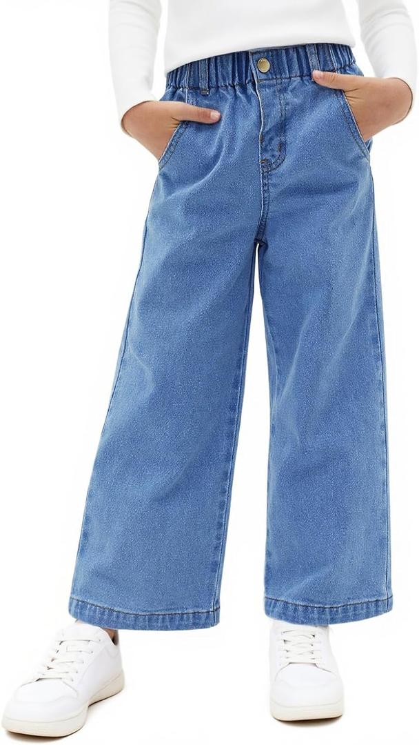 Haloumoning Girls Wide Leg Jeans Kids Elastic Waist Casual Demin Pants with Pockets 5-14 Years (Blue)