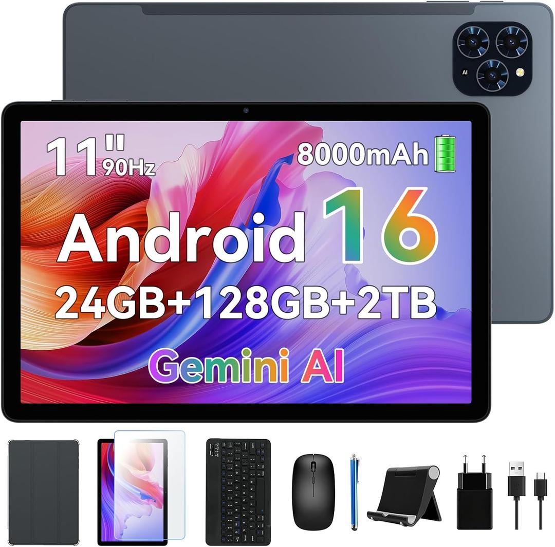 Android Tablet, 11 inch Android 16 Tablet, 8000mAh, 24GB RAM 128GB ROM 2TB Expand FHD Touchscreen, 13MP+5MP Dual Camera, Octa-core Processor, Gemini AI, GPS, Widevine L1