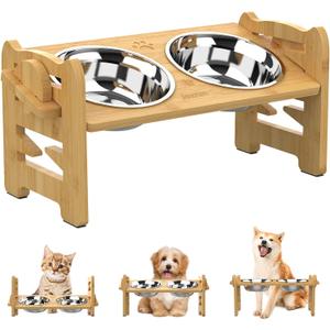 Jovrun Elevated Dog Bowls, Adjustable Raised Dog Bowl Stand for Small Size Dogs and Cats, 15Tilted Elevated Cat Bowls, Durable Bamboo Dogs Feeder with 2 Stainless Steel Bowls and Non-Slip Feet