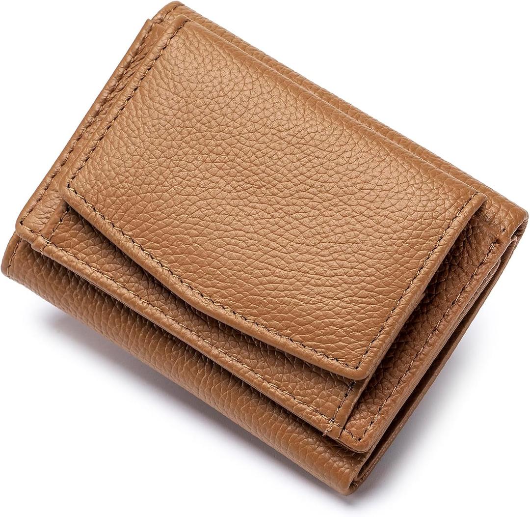 Small Wallet Women Genuine Leather RFID Blocking Trifold Tiny Wallets with Snap Coin Pouch 7 Card Solts