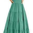PRETTYGARDEN Women's Casual Summer Midi Dress Puffy Short Sleeve Square Neck Smocked Tiered Ruffle Dresses (Large, Green)