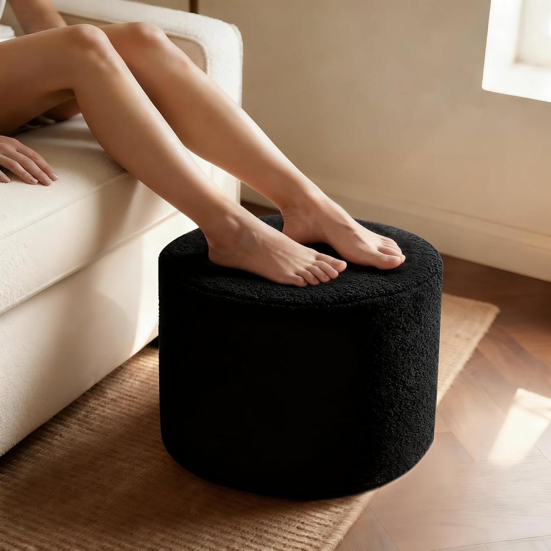 Round Boucle Pouf Ottoman Footrest  Soft & Lightweight Footstool with Full Foam Filling for Living Room, Bedroom