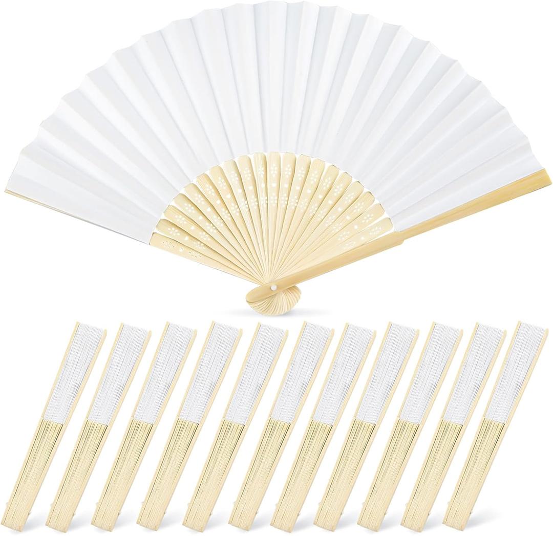 JOHOUSE Pack of 12 White Paper Fans Handheld 8.3 Inch Foldable Hand Fan, Folding Fans Handheld for Women, Paper Fan for Wedding Guests, Bridal & Baby Shower Favors, Party Decorations