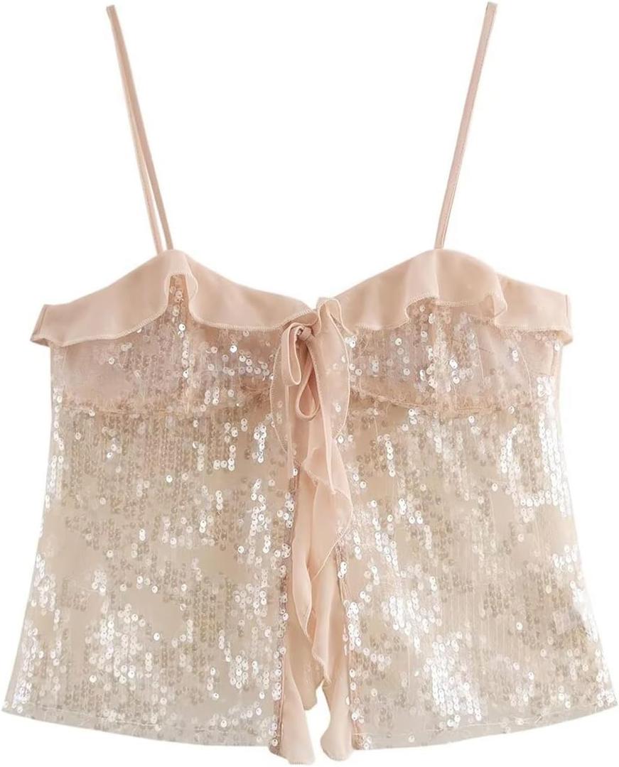 Lunoakvo Women Chic Sequined Pleated Ruffle Tank Top Backless Crop Spaghetti Strap Chiffon Sling Camisole (Small, Pink)
