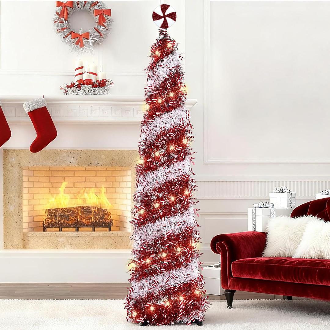 5 FT Pop Up Christmas Tree with Lights and Candy Tree Topper for Christmas Home Decorations, Red Tinsel Skinny Christmas Tree, Collapsible Pencil Tree for Home Indoor Outdoor Xmas Party Decoration