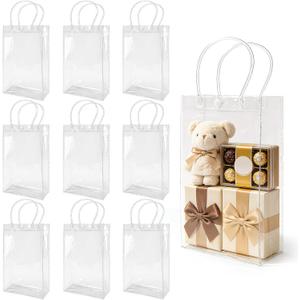 10 PCS Clear Gift Bags with Handles(2.7x9.8x5.9 Inch) Reusable Transparent PVC Tote Goodie Bags Bulk Wedding Birthday Holiday Party Favors Supplies Wrap Basket Stuffers Goody Pouch Baggies for Presents