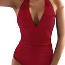 Women's One Piece Swimsuit Sexy Tummy Control Halter V Neck Bathing Suits (Medium, 06# Wine Red)