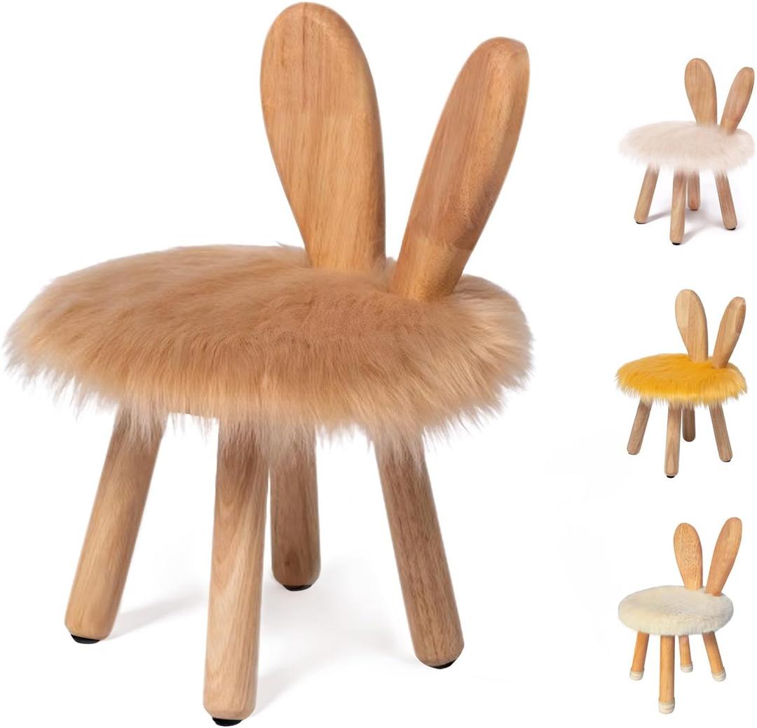 Bunny Chair for Kids 1-4 Years, Wooden Base with Removable Cushion, Anti-Tip Toddler Stool, Baby Nursery Decor Gift, Rabbit Design1pack/Brown (Camel)