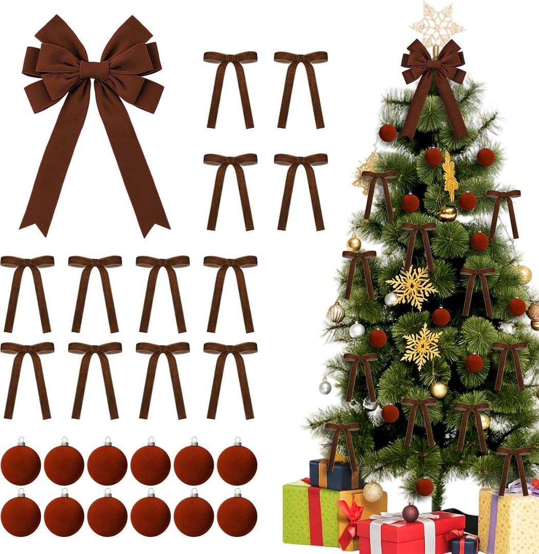 25 Pcs Brown Velvet Tree Topper Christmas Ornaments Include Large Christmas Bows Tree Topper 12 Xmas Velvet Balls 12 Brown Bows for Xmas Holiday Door Fireplace Wall Party Decor