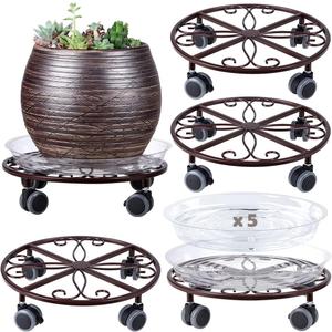 5 Pack Plant Caddy with Wheels Heavy Duty 11.8 Inches Metal Plant Stand with Wheels Plant Dolly Rolling Plant Stand Plant Roller with Casters for Indoor and Outdoor (5, Bronze)