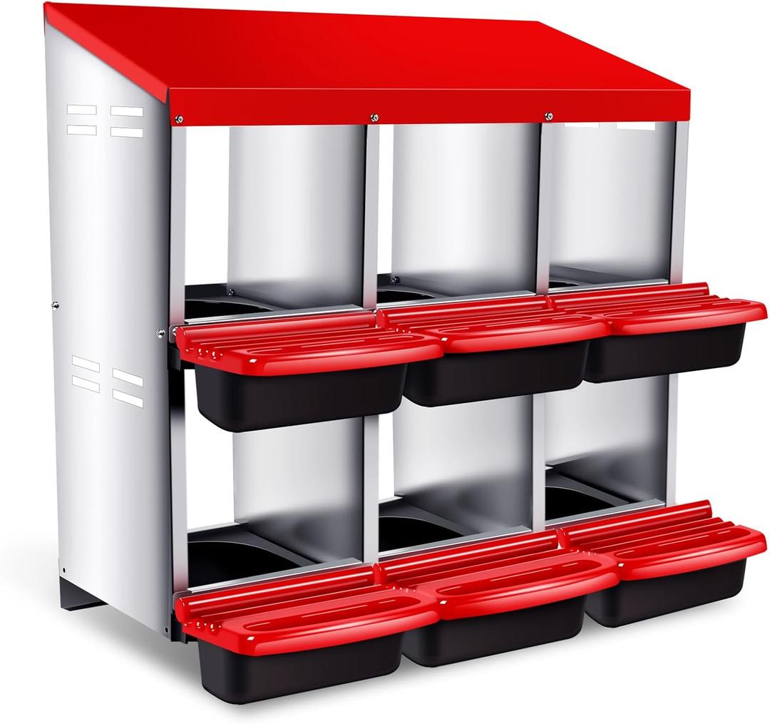 Chicken Nesting Box, 6 Compartments Metal Chicken Laying Box with Roll Away Egg Collection and Perch, Rust Proofed Wall Mount Poultry Nesting for Hens Red