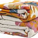 Boho Throw Blanket - 100% Cotton Soft Throw Blanket for Bed, 50"x60" Reversible Breathable Lightweight Summer Blankets, All Seasons Farmhouse Decor Floral Plant Butterfly Throw Quilt (01-lnk and Wash)