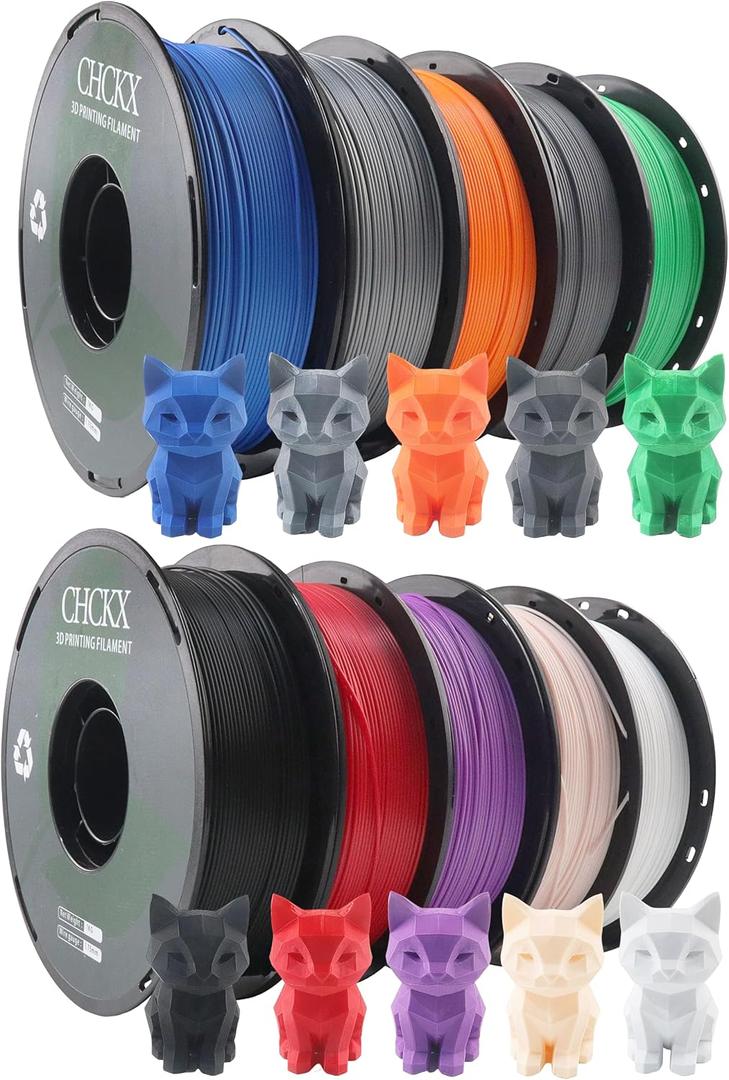 10 Pack PLA 3D Printer Filament Bundle, 1kg Spool (2.2lbs) | 1.75 mm, Dimensional Accuracy +/- 0.02 mm, Black White Grey Red Green Purple Skin Blue Orange Silver,10 color