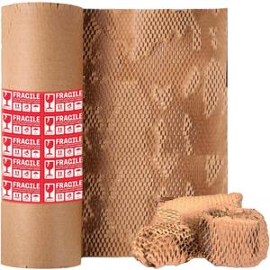 Honeycomb Packing Paper, 15"x300' Eco Friendly Packing Paper for Moving Recyclable Shipping Supplies Bubble Paper Wrapping Protective Roll, With 24 Fragile Sticker Labels (Brown)