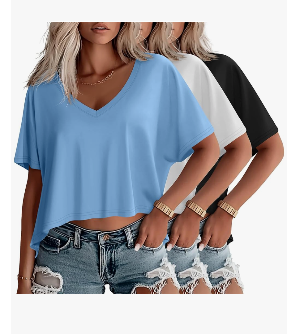 Huukeay 3 Pack Oversized T Shirts for Women Short Sleeve Crop Tops V Neck Irregular Hem Baggy Cropped Tees XL