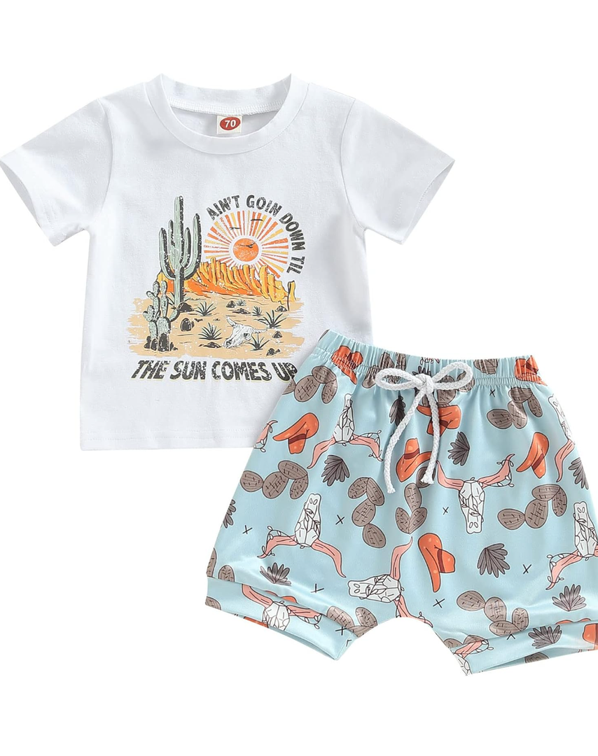 Western Baby Boy Clothes Highland Cow Farm Print T-shirt Casual Shorts Toddler Summer Country Cowboy Clothes Outfit 90
