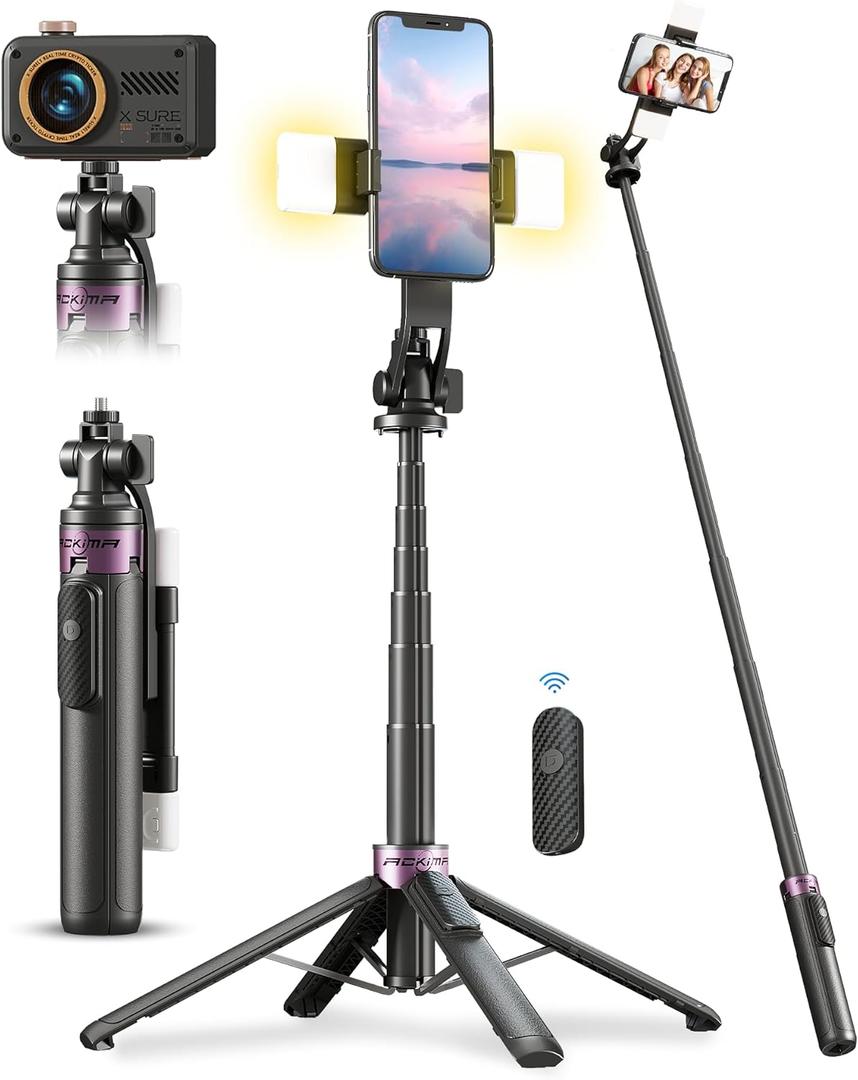 53'' Selfie Stick Tripod with Light, Enhanced 4-Leg Cell Phone Stand Camera Tripod with Rechargeable Wireless Remote & 2 Fill Light, Portable Selfie Stick Travel Essentials for iPhone Android (Black)