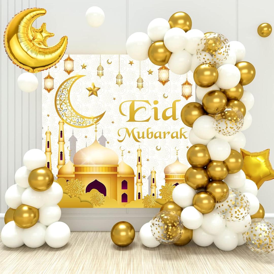 Eid Mubarak Decorations - 70PCS White Gold Ramadan Confetti Balloons with Mubarak Moon Star Foil Balloon, Backdrop for Party Supplies, Eid Decorative Banner for al-Fitr and al-Adha Decor